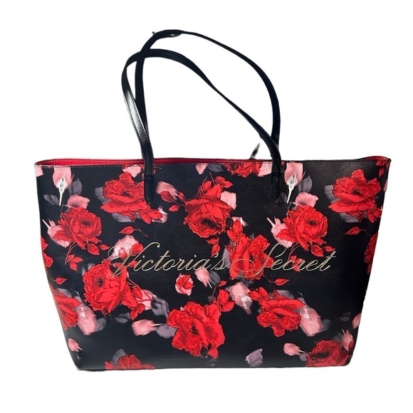 Victoria's secret bag Rose Floral Print Tote Shoulder Bag Black Red - Picture 1 of 9